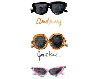 Art Print: Iconic Sunnies {Audrey Hepburn, Grace Kelly, Jackie O} {Cute Wall Art, Home Decorating, Original Painting, Watercolor, Girly}