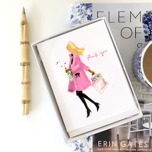 Shoppin and Poppin Folded Thank You Cards {Pink Coat, Stationary Notecards, Personalized, Watercolor, Custom, Fashion Drawing, Girly}