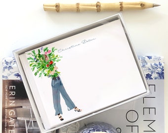 Custom Stationery Girl: Statement Pant Florist {Stationary Notecards, Personalized, Watercolor, Monogram, Custom, Fashion Drawing, Girly}