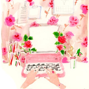 Art Print: The Typist {Cute Wall Art, Home Decorating, Original Painting, Watercolor, Wall Decor, Interior Design, Girly}