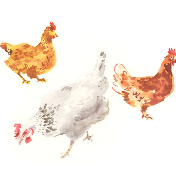 Art Print: Three French Hens {Kitchen Art, Hens Painting, Chicken Painting, Farm Paris art print, French art, travel wall art, travel print}
