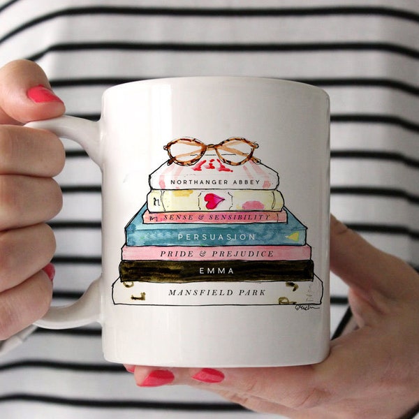 Coffee/Tea Mug: Jane Austen Book Stack {11 oz Ceramic Mug} {Book Illustration, Porcelain Mug, Cup}