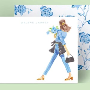 Personalized Stationery Set: Blue Gingham Girl Stationary Notecards, Personalized, Watercolor, Monogram, Custom, Fashion Drawing, Girly image 1