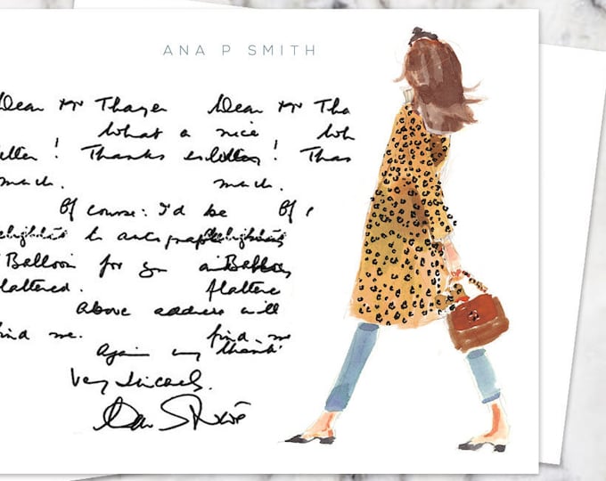 Personalized Stationery Set: Leopard Coat Headband Girl {Stationary Notecards, Personalized, Watercolor, Custom, Fashion Drawing, Girly}