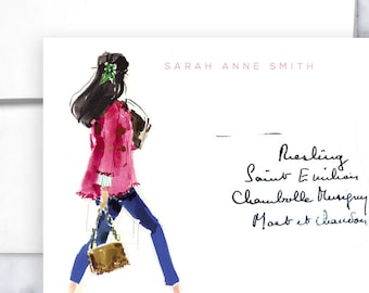 Personalized Stationery Girl: Pink Fringe Blazer Girl {Stationary Notecards, Personalized, Watercolor, Custom, Fashion Drawing, Girly}