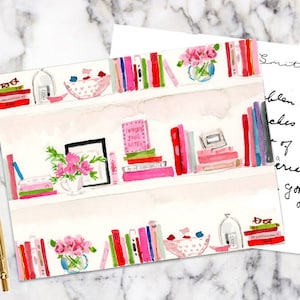 Personalized Stationery Notecards: Pink Bookshelf {Stationary Notecards, Personalized, Watercolor, Custom, Fashion Drawing, Girly}