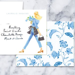 Personalized Stationery Set: Blue Gingham Girl Stationary Notecards, Personalized, Watercolor, Monogram, Custom, Fashion Drawing, Girly image 2