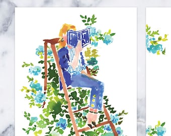 Custom Stationery Girl: Blooming Reader {Stationary Notecards, Personalized, Watercolor, Custom, Fashion Drawing, Girly}