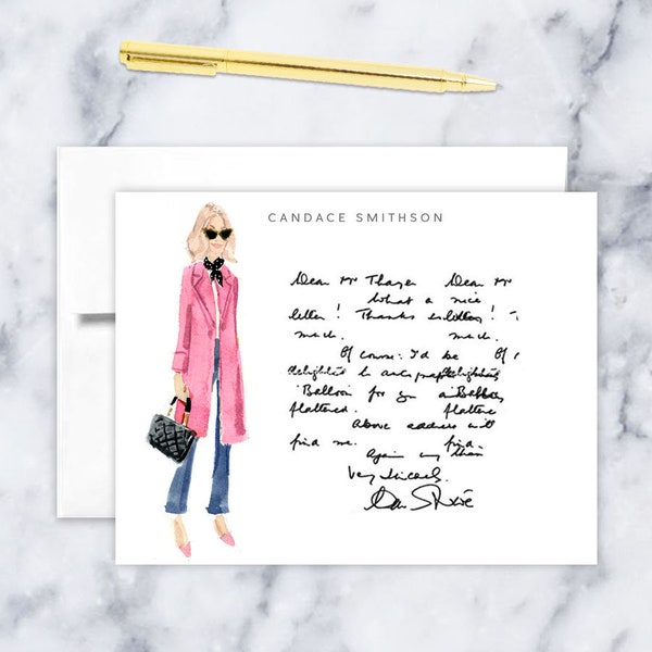Custom Stationery Girl: Pink Coat & Dot Scarf with Bob {Stationary Notecards, Personalized, Watercolor, Custom, Fashion Drawing, Girly}
