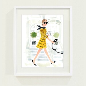 May include: A watercolor illustration of a woman wearing a yellow and black plaid dress, black sunglasses, and a black scarf. She is walking down a set of stairs and holding a black purse.