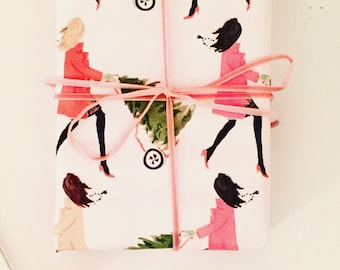 Christmas Wrapping Paper: Tree Toting Girls {Christmas, Holiday, Birthday, Gift Wrap}