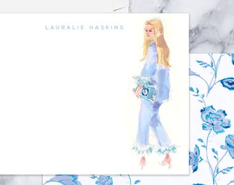 Blue Pajama Book Girl: Personalized Stationery {Stationary Notecards, Watercolor, Fashion Drawing, Girly, Entrepreneur}