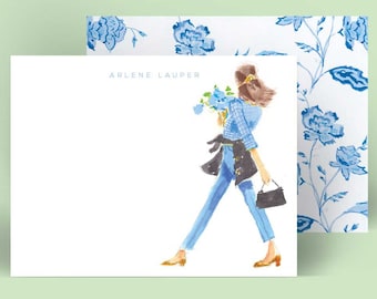 Personalized Stationery Set: Blue Gingham Girl {Stationary Notecards, Personalized, Watercolor, Monogram, Custom, Fashion Drawing, Girly}