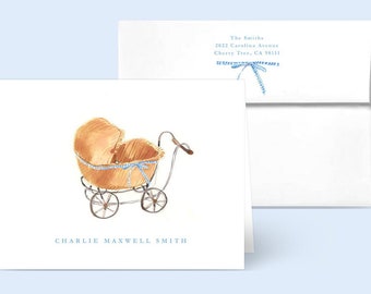 Folded Cards: Blue Raffia Pram {Stationary Notecards, Personalized, Little Boys Cards, Baby Stationery, Nursery, New Baby Gift, Newborn}