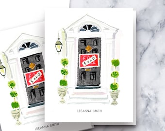 Realtor Folded Cards: Black Door Sold Sign {Stationary Notecards, Personalized, Watercolor, Custom, Fashion Drawing, Girly}