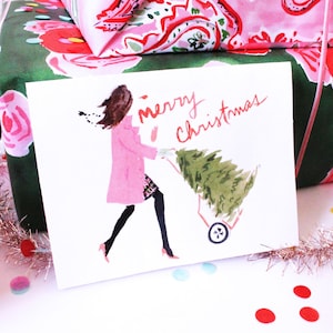 Holiday Christmas Cards: Tree Toting in Candy Pink { Fashion Christmas Card }