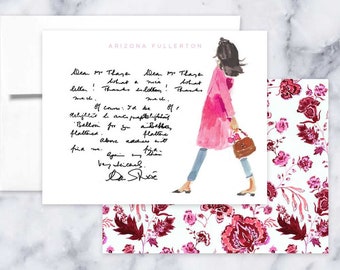 Personalized Stationery Set: Pink Coat Headband Girl {Stationary Notecards, Personalized, Watercolor, Custom, Fashion Drawing, Girly}