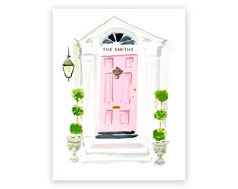 Folded Cards: The Pink Door {Stationary Notecards, Personalized, Watercolor, Custom, Fashion Drawing, Girly}