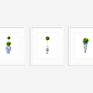 May include: Three framed prints of topiary trees in blue and white porcelain vases. The trees are green and round.