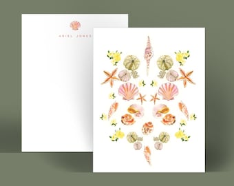 Personalized Stationery Notecards: Mermaid Shells {Stationary Notecards, Personalized, Watercolor, Custom, Fashion Drawing, Girly}