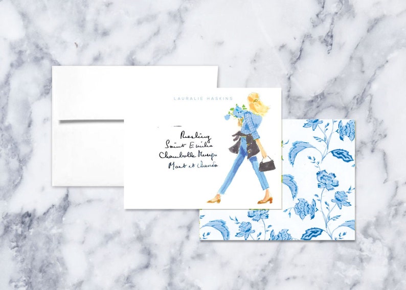 Personalized Stationery Set: Blue Gingham Girl Stationary Notecards, Personalized, Watercolor, Monogram, Custom, Fashion Drawing, Girly image 2