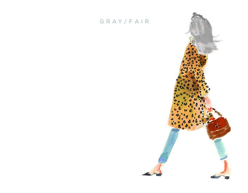 May include: A watercolor illustration of a person wearing a long, yellow and brown leopard print coat, blue jeans, and black shoes. The person is carrying a brown handbag. The text "GRAY/FAIR" is written in the top center of the image.