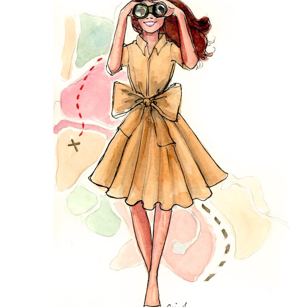 Fashion Illustration Art Print: Adventure Is Out There! {Cute Wall Art, Home Decorating, Original Painting, Watercolor, Girly}