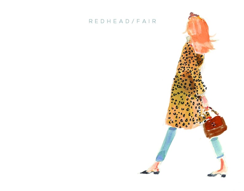 May include: A watercolor illustration of a woman with red hair wearing a leopard print coat and blue jeans. She is carrying a brown handbag and walking.