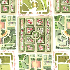 May include: A watercolor painting of four different garden designs. Each design is a square with a central circular area surrounded by paths and flowerbeds. The designs are painted in shades of green, pink, and white.