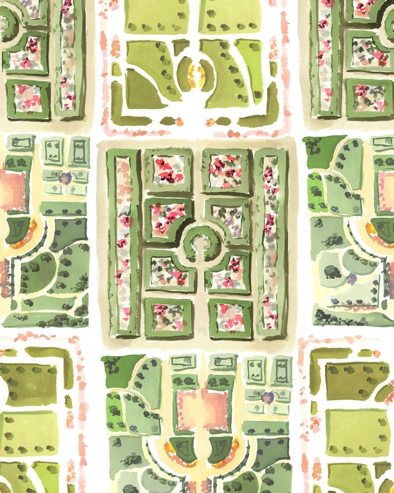May include: A watercolor painting of four different garden designs. Each design is a square with a central circular area surrounded by paths and flowerbeds. The designs are painted in shades of green, pink, and white.