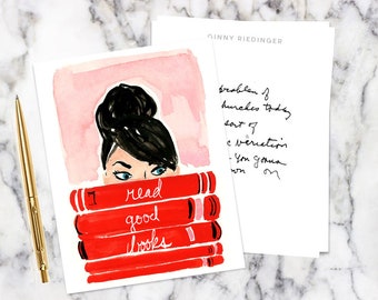 Personalized Stationery: Read Good Books {Stationary Notecards, Personalized, Watercolor, Custom, Fashion Drawing, Girly}