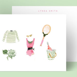 Personalized Stationery: Swingin Summer {Tennis Stationary Notecards, Personalized, Watercolor, Monogram, Custom, Fashion Drawing, Girly}