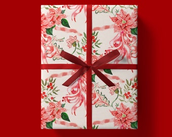 Holiday Wrap: Sofia Poinsettia Pink on Cream {Christmas, Holiday, Birthday, Gift Wrap, Wrapping Paper} Skiiers