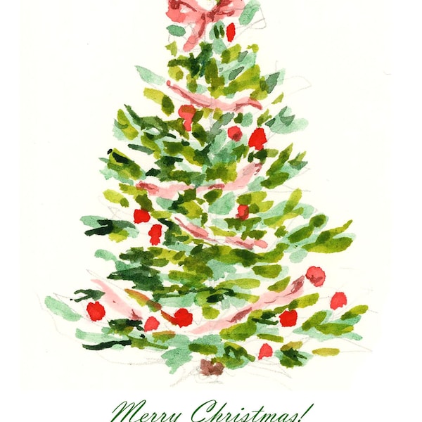 Flat Christmas Notecard: Red Blush and Green Tree