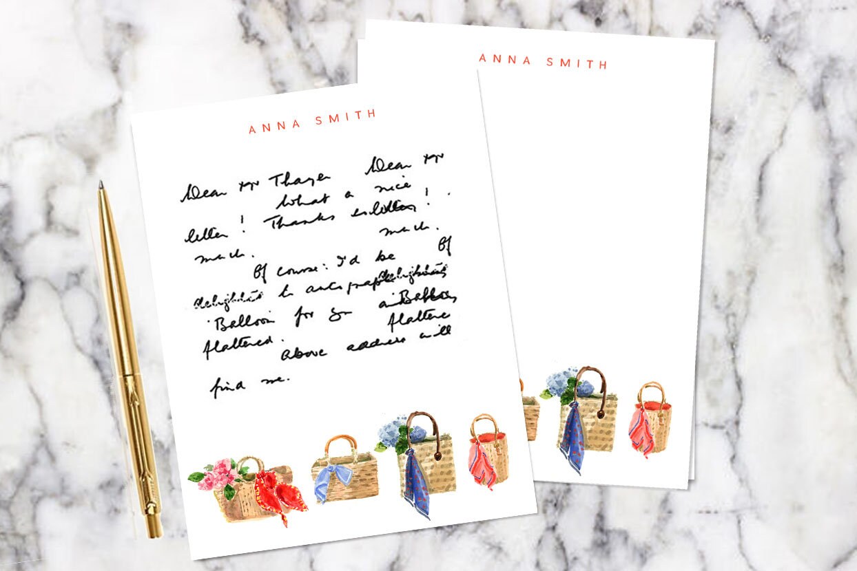 Watercolor Personalized Custom Stationery: Straw Totes {Stationary Notecards, Personalized, Watercolor, Custom, Fashion Drawing, Girly}