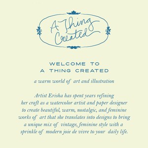 May include: Cream-colored background with the text "A Thing Created" in a blue oval design. The text below reads "WELCOME TO A THING CREATED" and describes the artist's watercolor and paper designs.