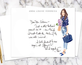 Custom Stationery Girl: Cable Sweater Hydrangeas Navy {Stationary Notecards, Personalized, Watercolor, Custom, Fashion Drawing, Girly}