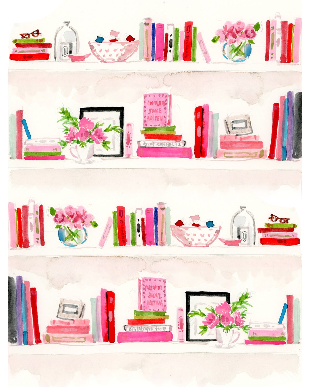 Art Print Pink Bookshelf cute Wall Art, Home Decorating, Original