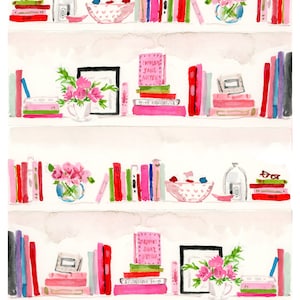 Art Print: Pink Bookshelf {Cute Wall Art, Home Decorating, Original Painting, Watercolor, Wall Decor, Interior Design, Decorating Ideas}