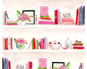 Art Print: Pink Bookshelf {Cute Wall Art, Home Decorating, Original Painting, Watercolor, Wall Decor, Interior Design, Decorating Ideas}