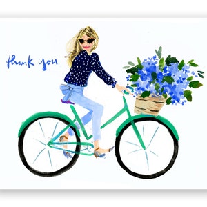 Thank You Cards: Nantucket Bike Girl {Stationary Notecards, Personalized, Watercolor, Custom, Fashion Drawing, Girly}
