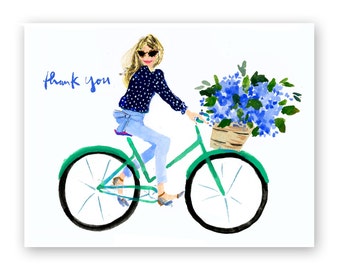 Thank You Cards: Nantucket Bike Girl {Stationary Notecards, Personalized, Watercolor, Custom, Fashion Drawing, Girly}