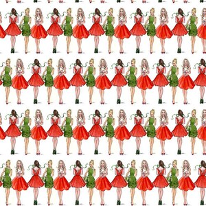 Puede incluir: Un patr&oacute;n repetido de mujeres con vestidos rojos y verdes. Las mujeres est&aacute;n de pie en parejas, de frente, y se toman de la mano. El fondo es blanco.