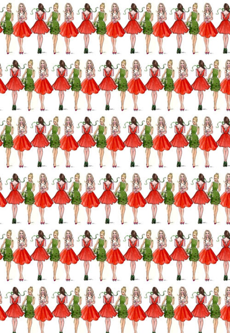 Puede incluir: Un patr&oacute;n repetido de mujeres con vestidos rojos y verdes. Las mujeres est&aacute;n de pie en parejas, de frente, y se toman de la mano. El fondo es blanco.