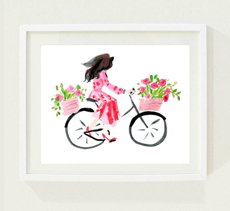 Art Print: Rose Bike Girl cute Wall Art Home Decorating - Etsy