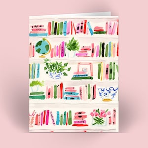 Folded Cards: Bright Bookshelf {Stationary Notecards, Personalized, Watercolor, Custom, Fashion Drawing, Girly}