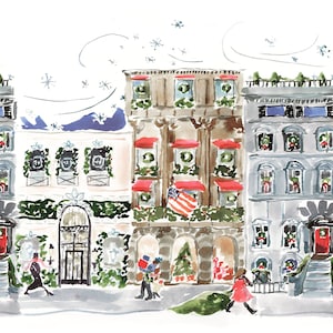 Art Print: Holiday Walkups {Cute Wall Art, Home Decorating, Original Painting, Watercolor, Wall Decor} Christmas City