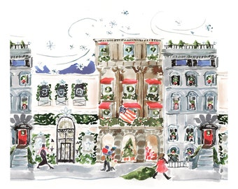 Art Print: Holiday Walkups {Cute Wall Art, Home Decorating, Original Painting, Watercolor, Wall Decor} Christmas City