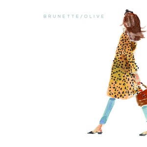 May include: A watercolor illustration of a woman wearing a long, yellow and brown leopard print coat, blue jeans, and black shoes. She is carrying a brown handbag and has brown hair.