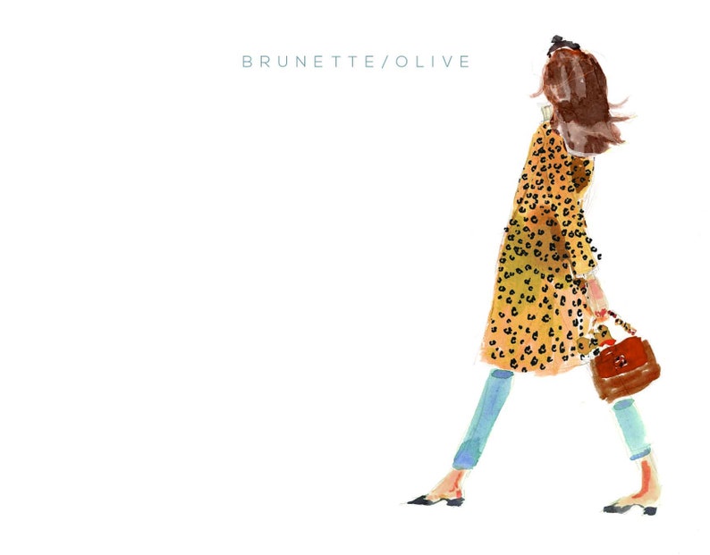 May include: A watercolor illustration of a woman wearing a long, yellow and brown leopard print coat, blue jeans, and black shoes. She is carrying a brown handbag and has brown hair.